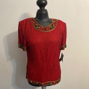 Papell Boutique Evening Red Sequin beaded top, size XL